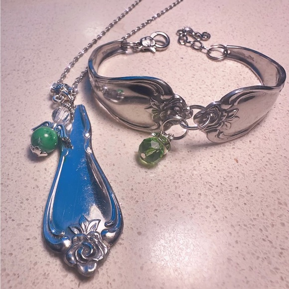 Vintage SilverPlated Spoon Jewelry Set Angel Pendant & Crystal Bracelet - Picture 1 of 5
